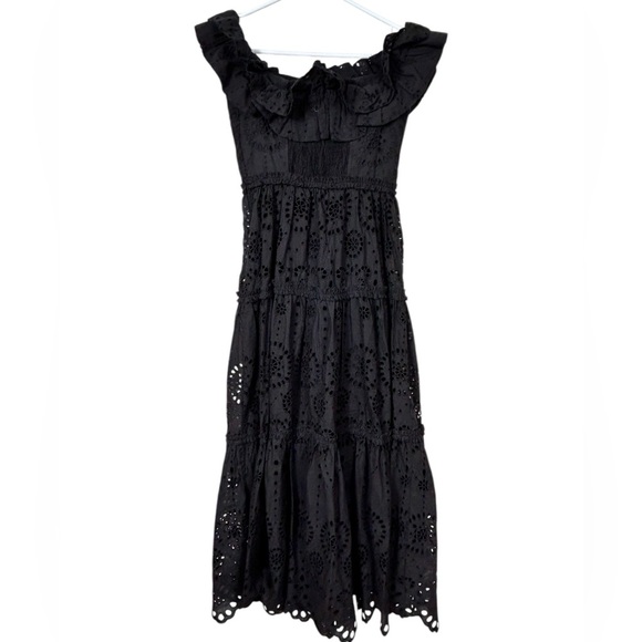 Zara embroidered eyelet cotton midi dress, XS, black, ruffles, tiered skirt Chic - Picture 9 of 14